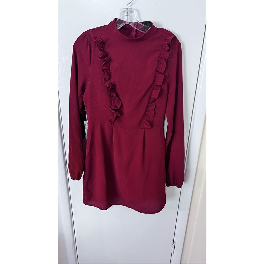 Ax Paris Women's High Neck Long Sleeve Ruffle Dress Bricks Red Size 6 NWT P1-114